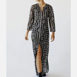ANNA SUI Black White Geometric Sequin Maxi Kaftan Size P/S